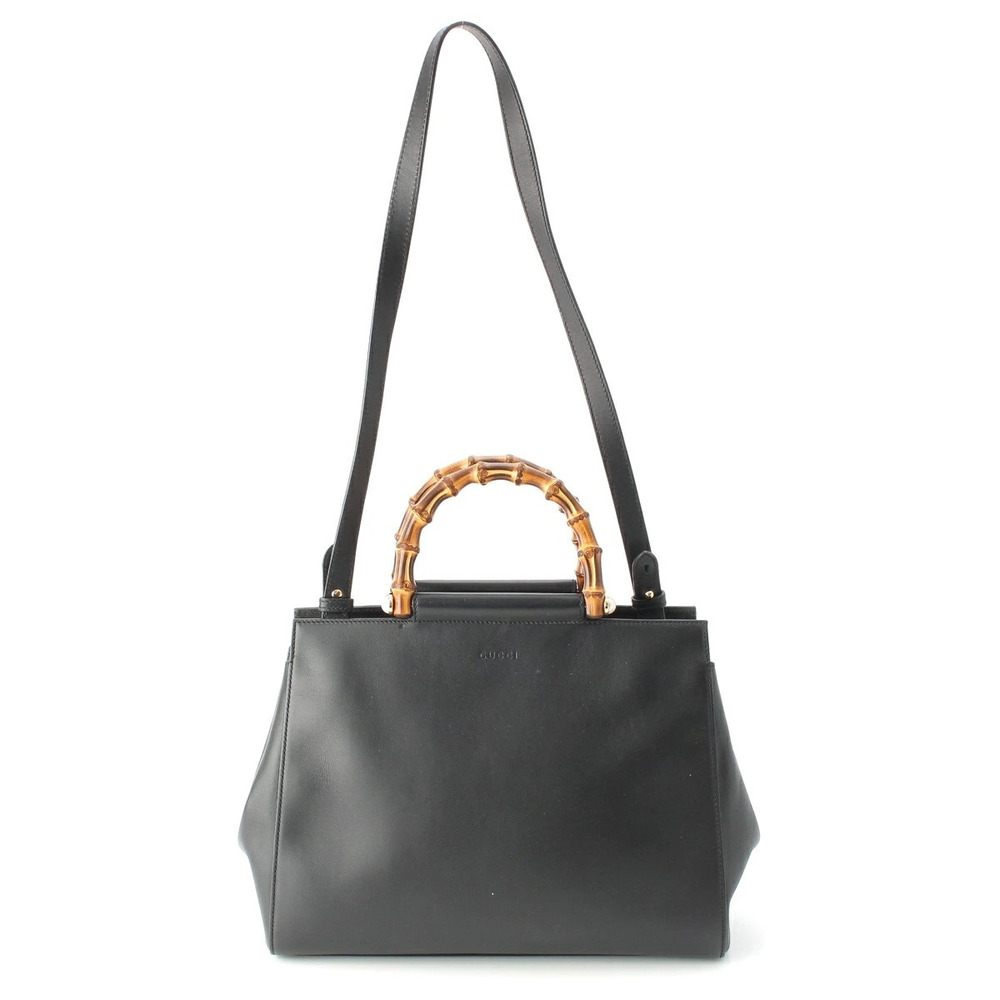 Gucci Bamboo Leather Handbag Pearl Accents Shoulder Bag Black